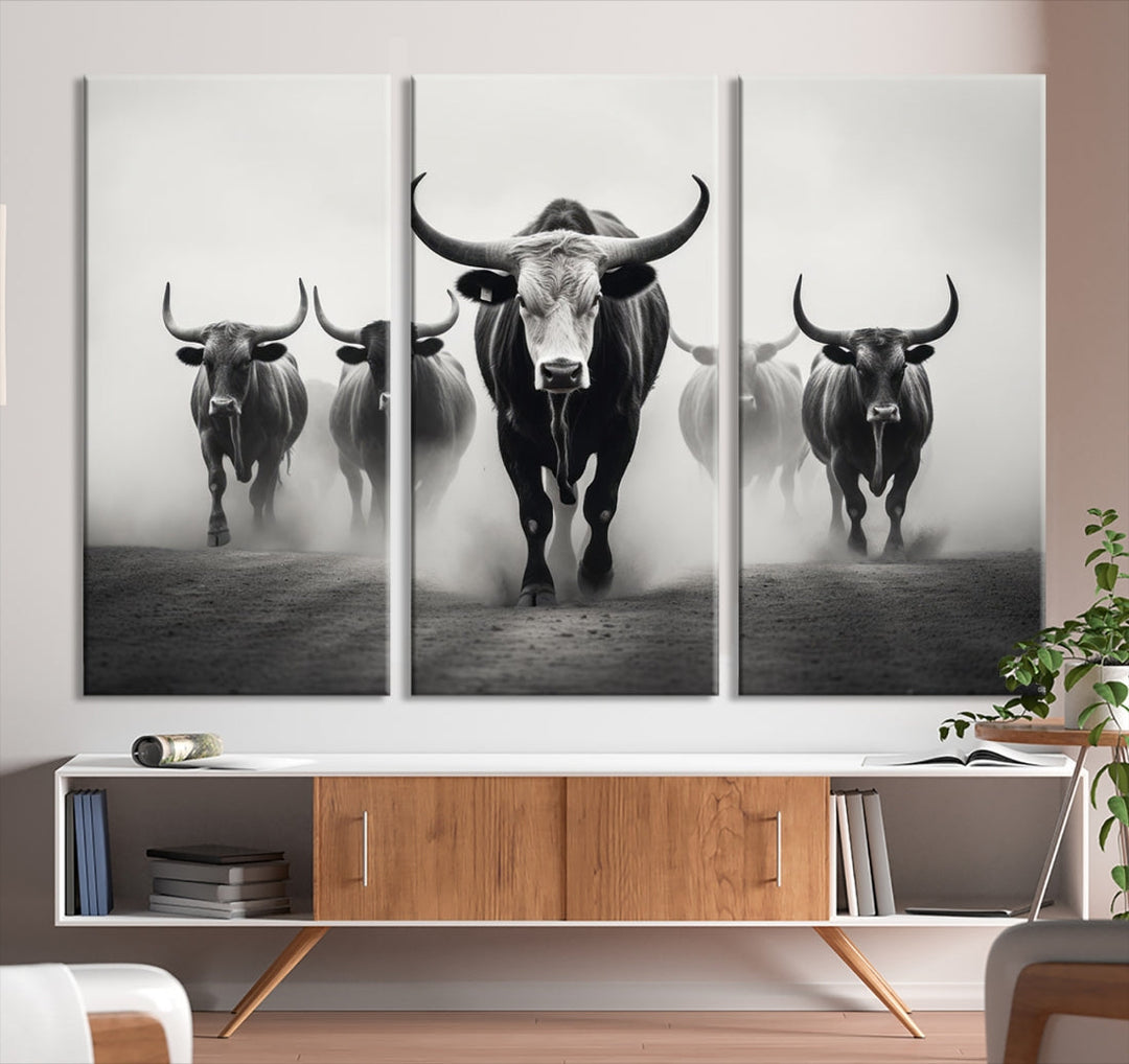 Texas Bighorn Cow Animal Wall Art Canvas Print, Longhorn Cow Large Wall Art