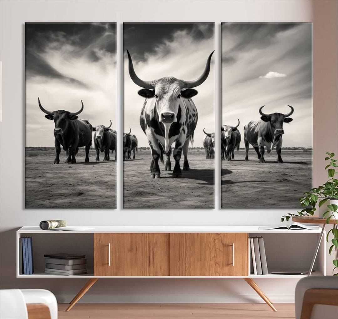 Texas Bighorn Cow Animal Wall Art Canvas Print, Longhorn Cow Large Wall Art