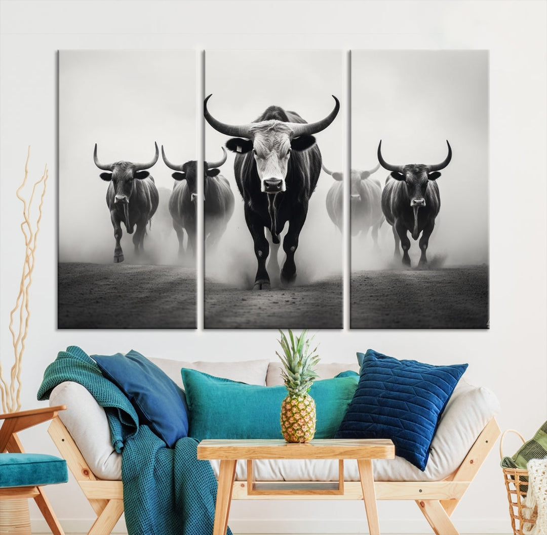 Texas Bighorn Cow Animal Wall Art Canvas Print, Longhorn Cow Large Wall Art