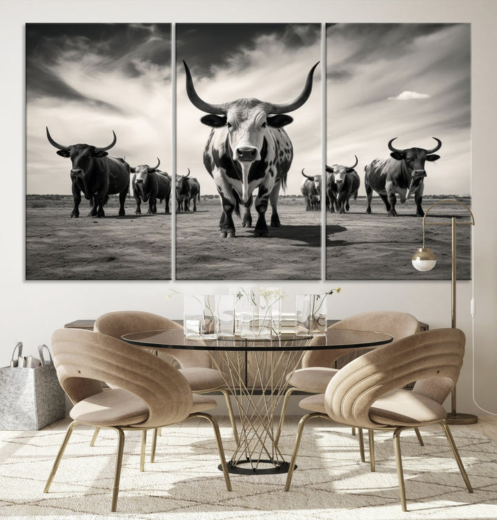 Texas Bighorn Cow Animal Wall Art Canvas Print, Longhorn Cow Large Wall Art