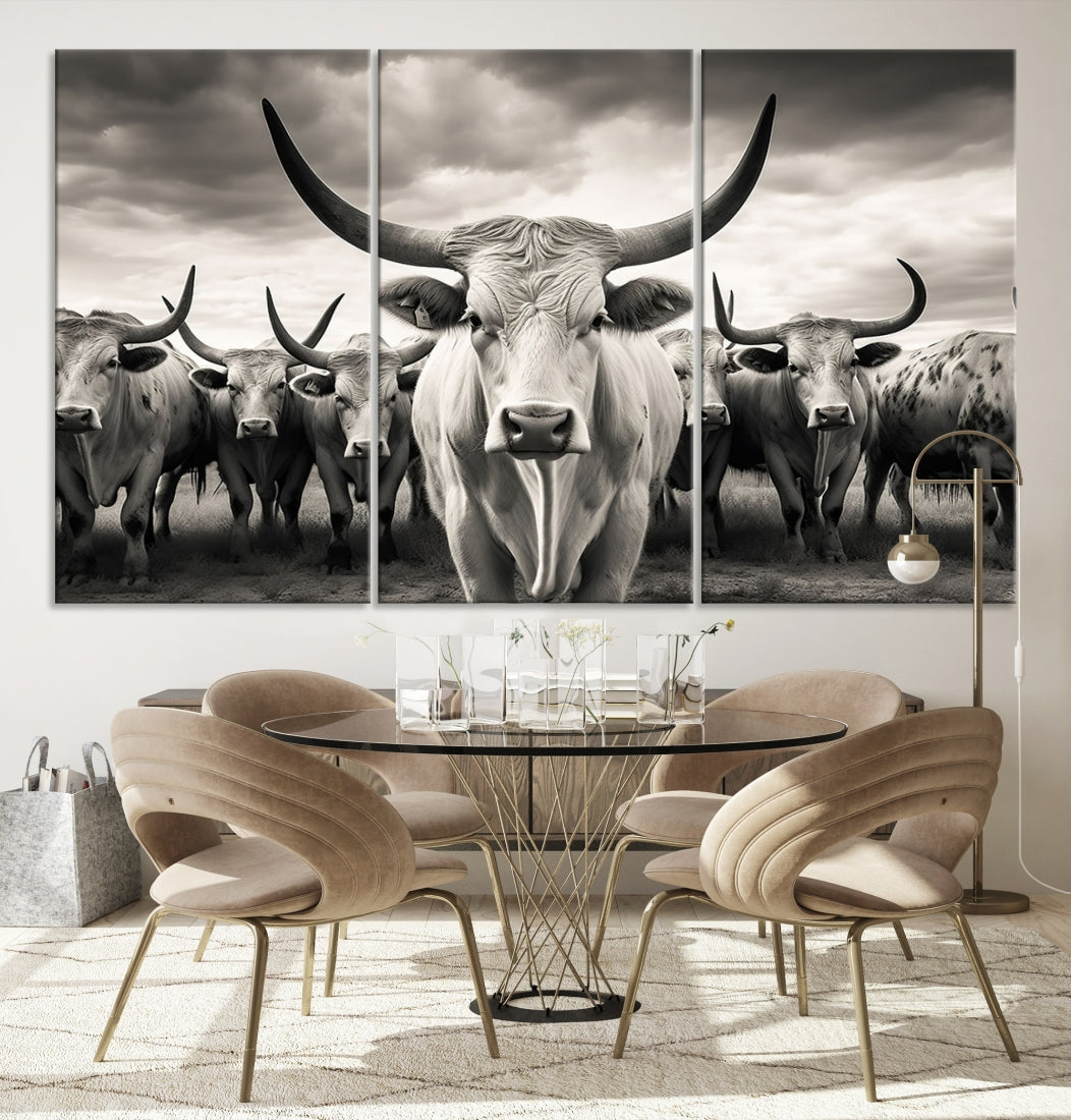 Texas Bighorn Cow Animal Wall Art Canvas Print, Longhorn Cow Large Wall Art