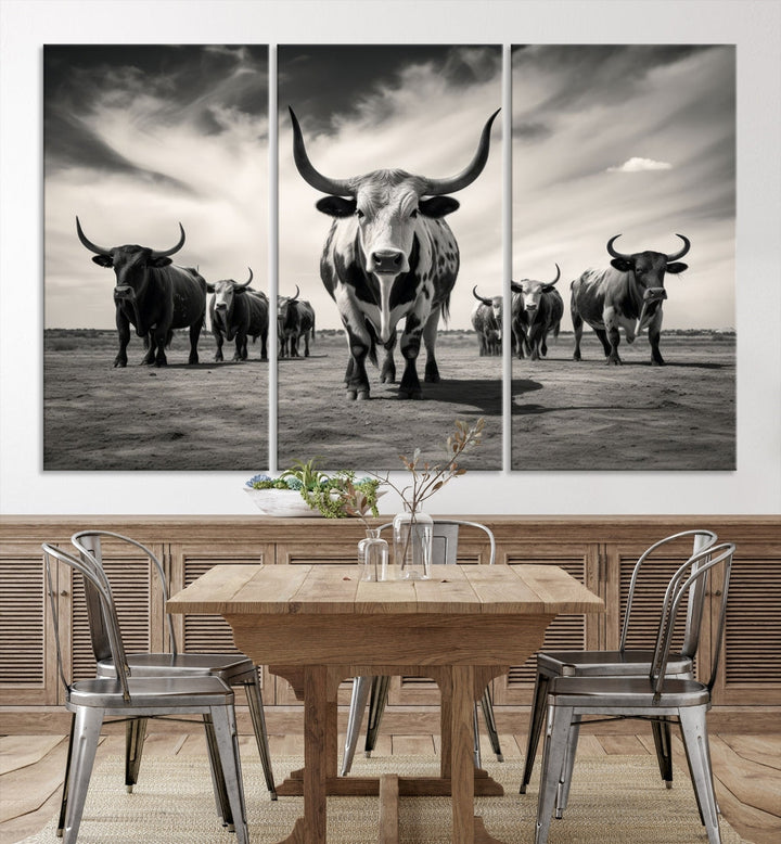 Texas Bighorn Cow Animal Wall Art Canvas Print, Longhorn Cow Large Wall Art