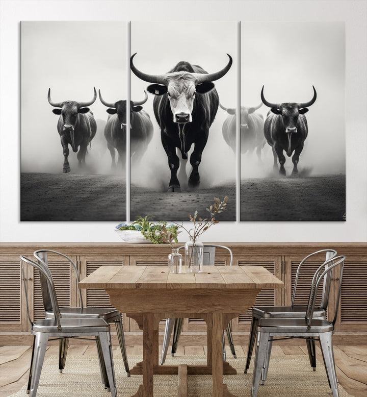 Texas Bighorn Cow Animal Wall Art Canvas Print, Longhorn Cow Large Wall Art