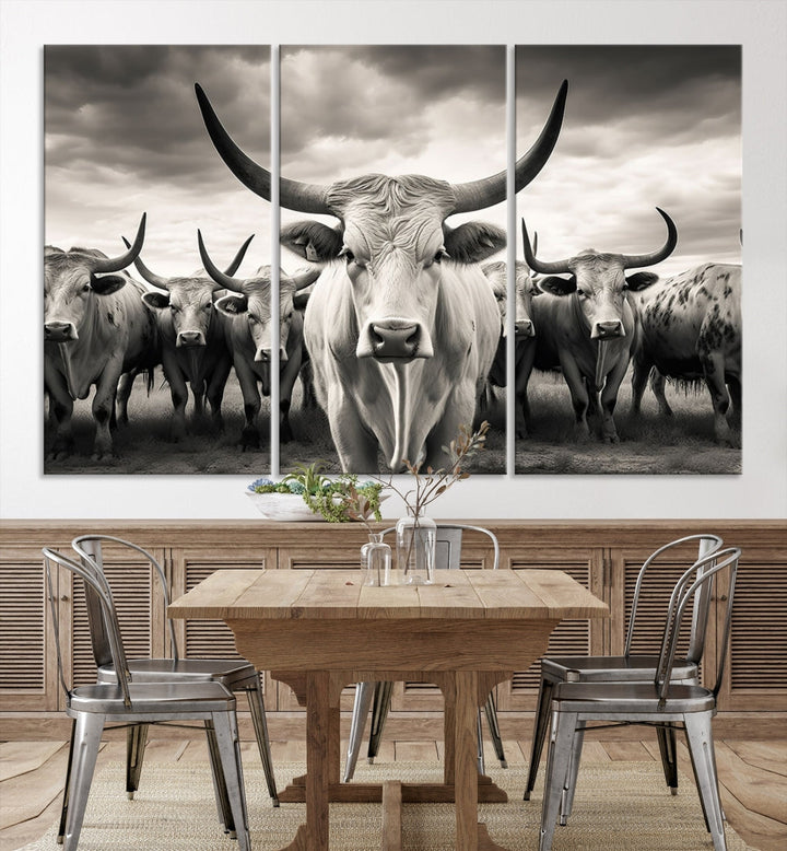 Texas Bighorn Cow Animal Wall Art Canvas Print, Longhorn Cow Large Wall Art