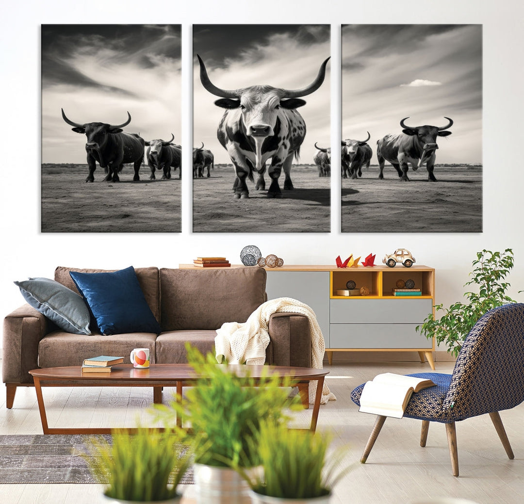 Texas Bighorn Cow Animal Wall Art Canvas Print, Longhorn Cow Large Wall Art