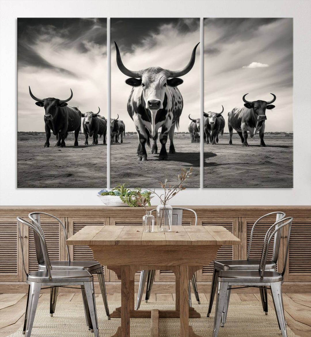 Texas Bighorn Cow Animal Wall Art Canvas Print, Longhorn Cow Large Wall Art