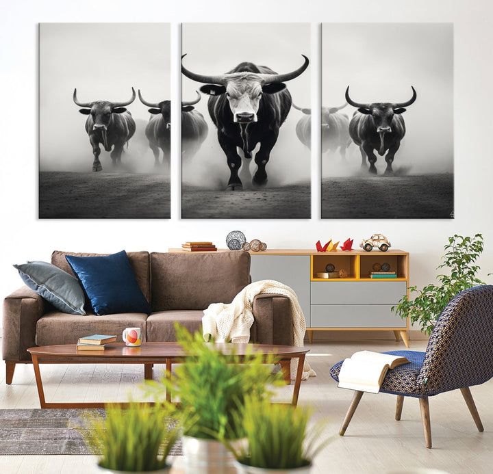 Texas Bighorn Cow Animal Wall Art Canvas Print, Longhorn Cow Large Wall Art