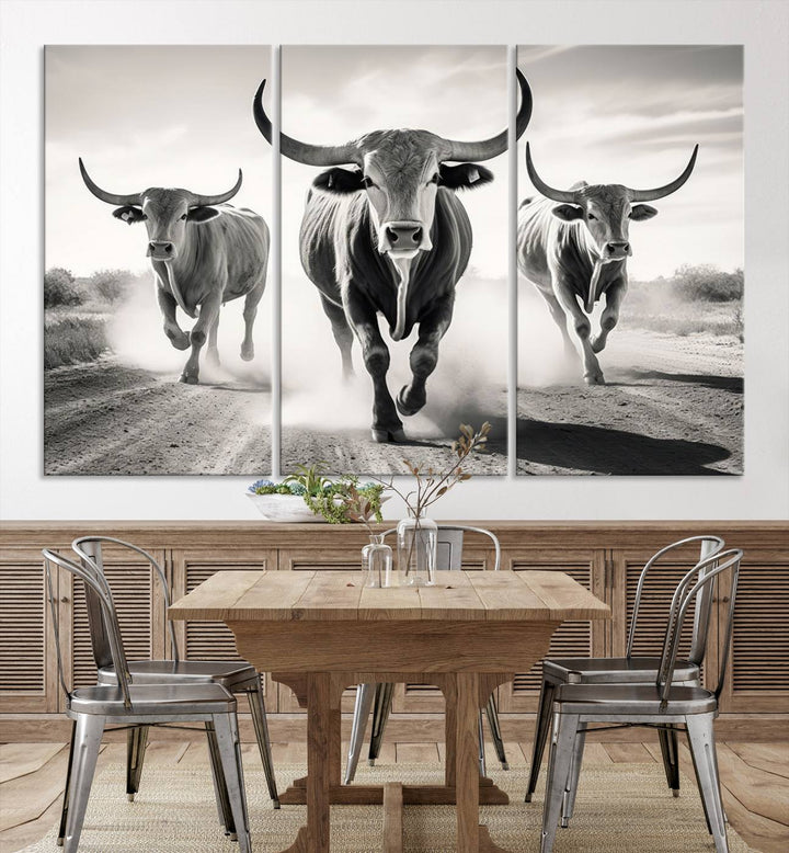 Texas Bighorn Cow Animal Wall Art Canvas Print, Longhorn Cow Large Wall Art