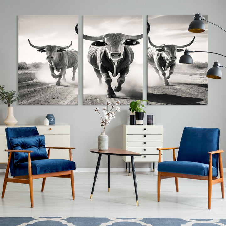 Texas Bighorn Cow Animal Wall Art Canvas Print, Longhorn Cow Large Wall Art