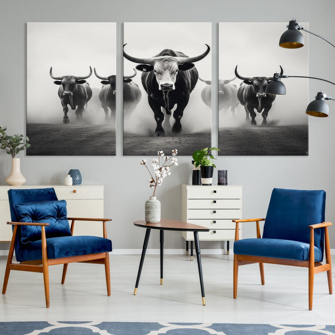 Texas Bighorn Cow Animal Wall Art Canvas Print, Longhorn Cow Large Wall Art