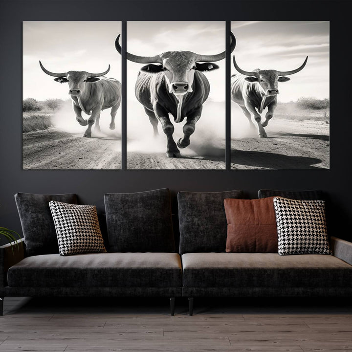 Texas Bighorn Cow Animal Wall Art Canvas Print, Longhorn Cow Large Wall Art