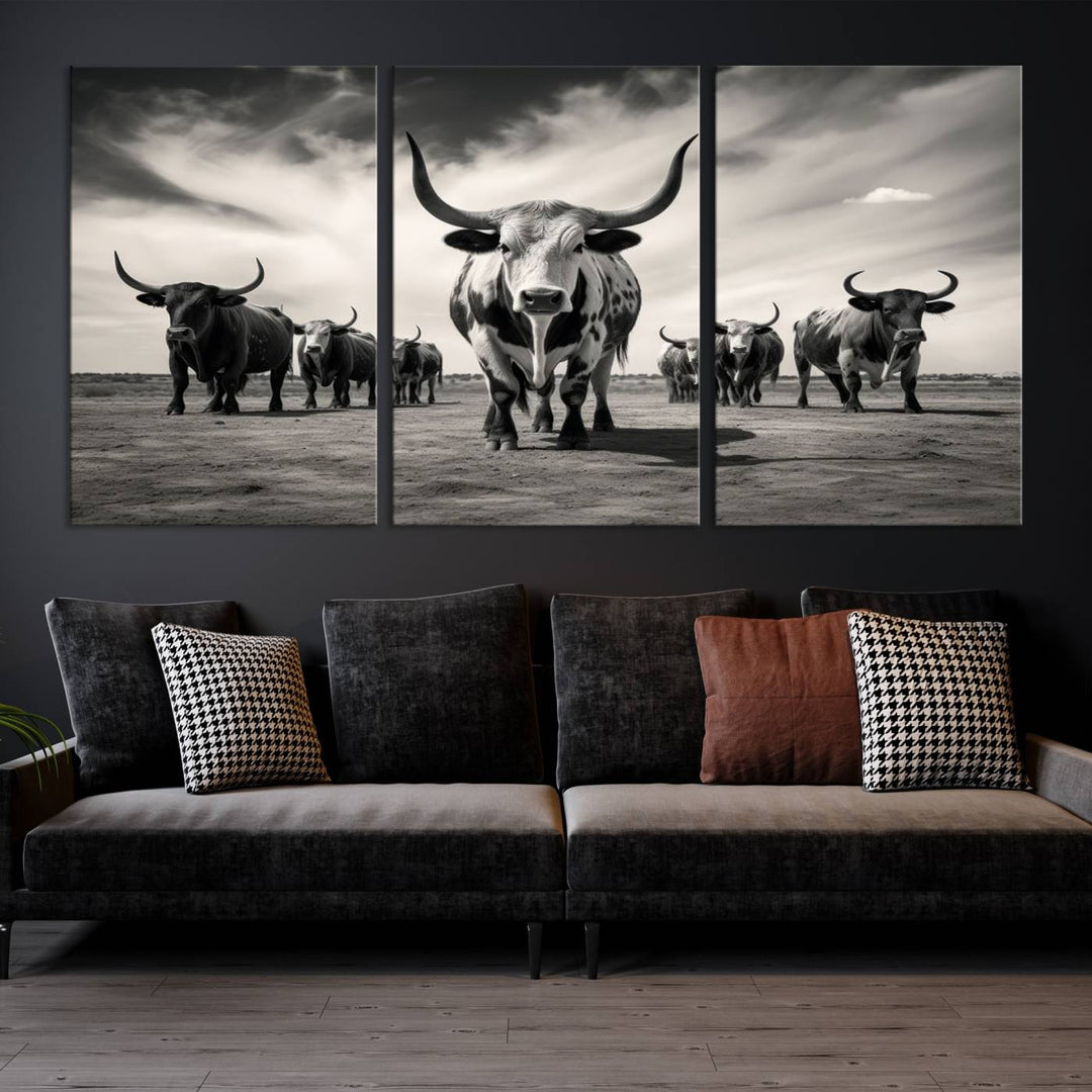 Texas Bighorn Cow Animal Wall Art Canvas Print, Longhorn Cow Large Wall Art