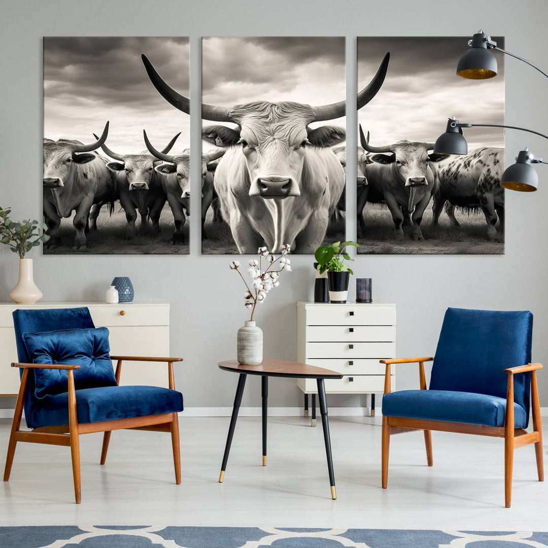 Texas Bighorn Cow Animal Wall Art Canvas Print, Longhorn Cow Large Wall Art