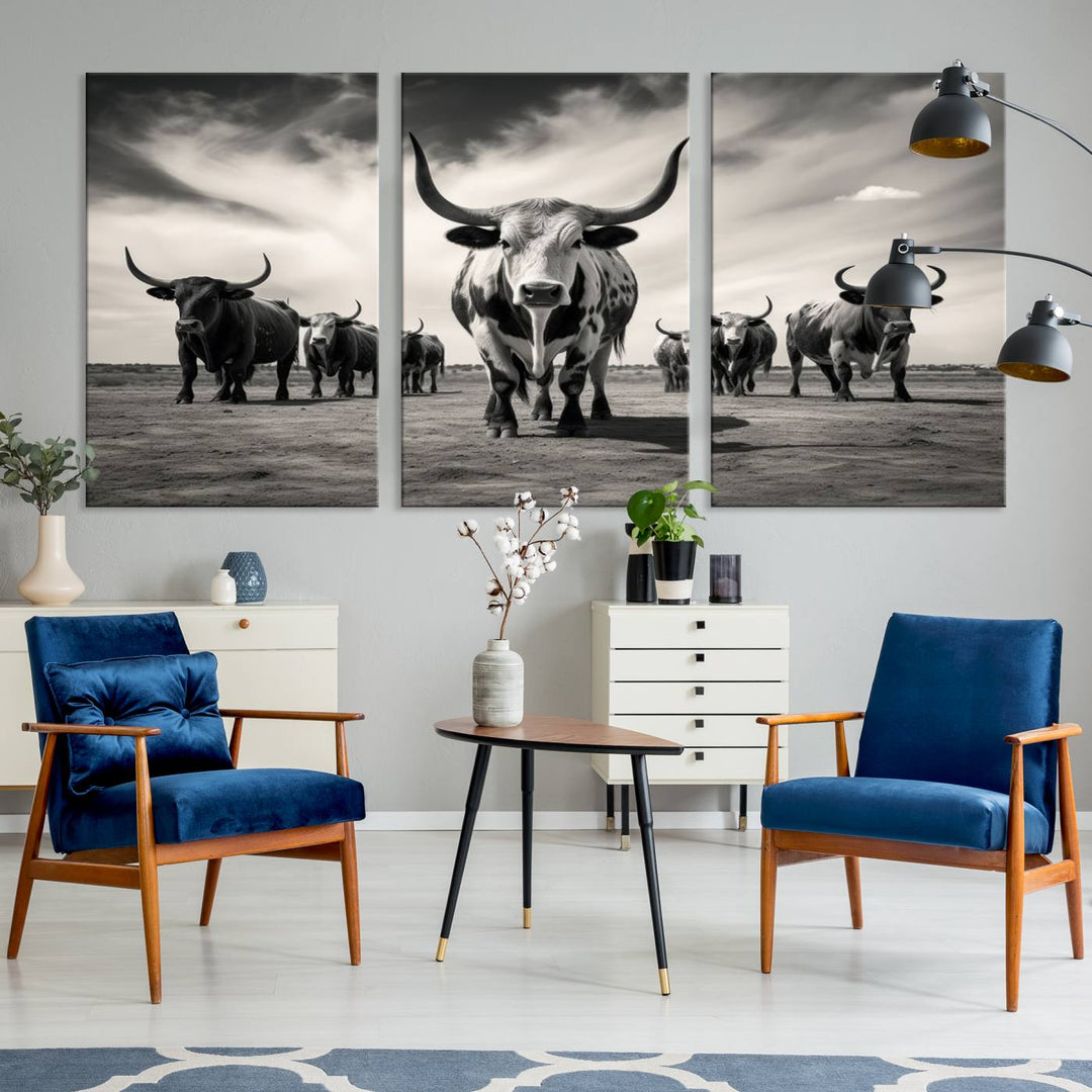 Texas Bighorn Cow Animal Wall Art Canvas Print, Longhorn Cow Large Wall Art