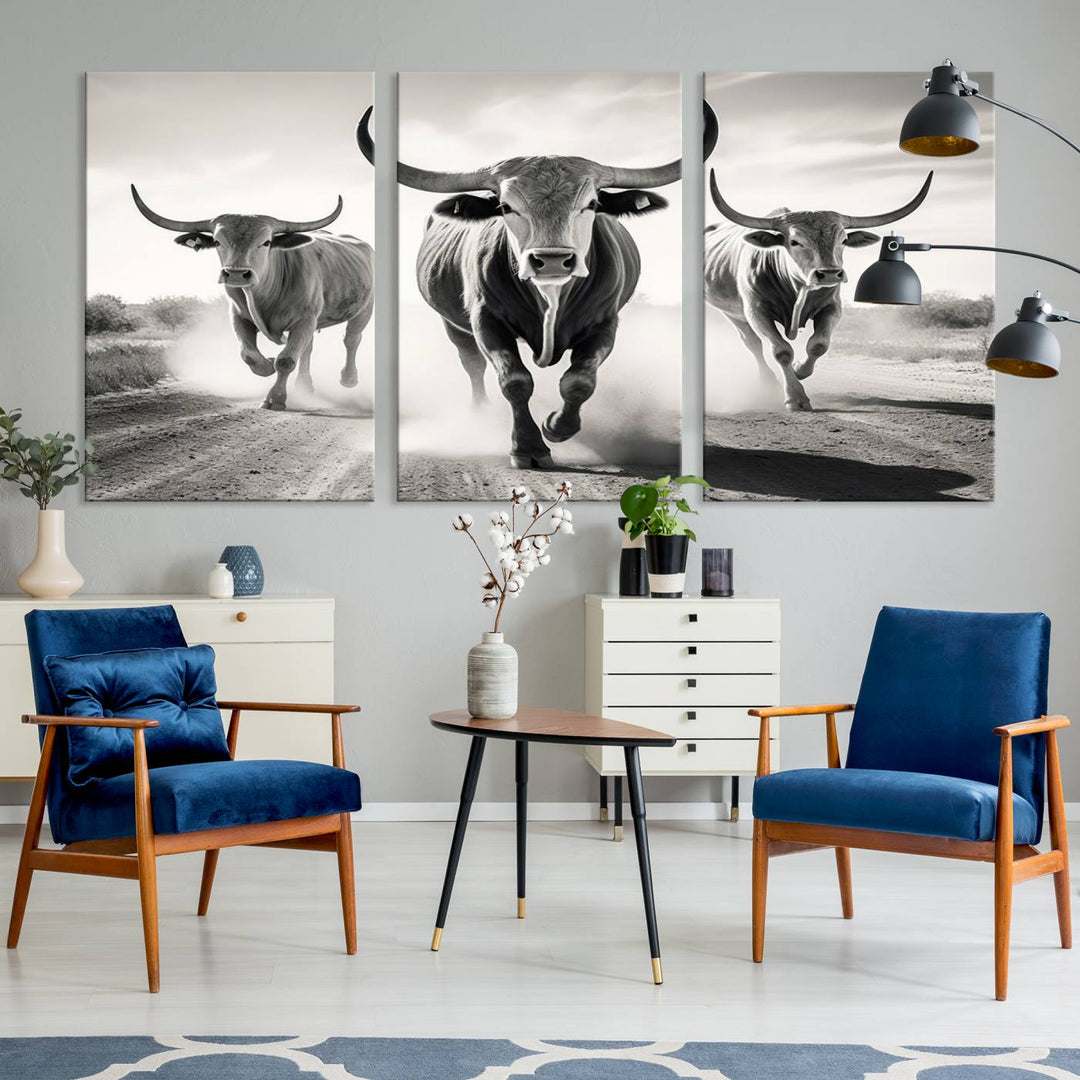 Texas Bighorn Cow Animal Wall Art Canvas Print, Longhorn Cow Large Wall Art