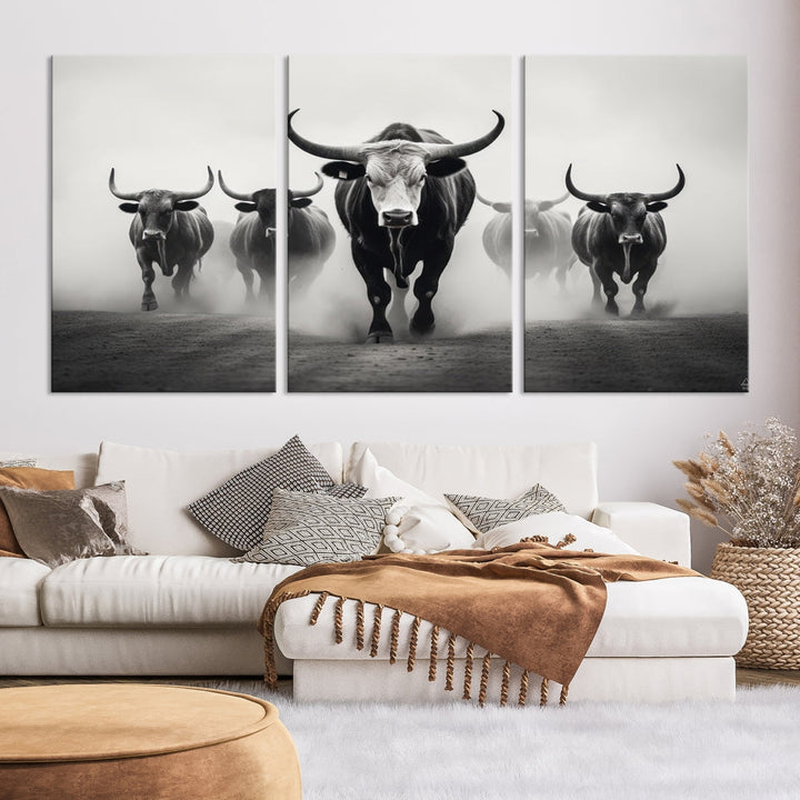 Texas Bighorn Cow Animal Wall Art Canvas Print, Longhorn Cow Large Wall Art