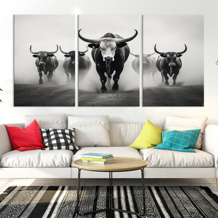 Texas Bighorn Cow Animal Wall Art Canvas Print, Longhorn Cow Large Wall Art