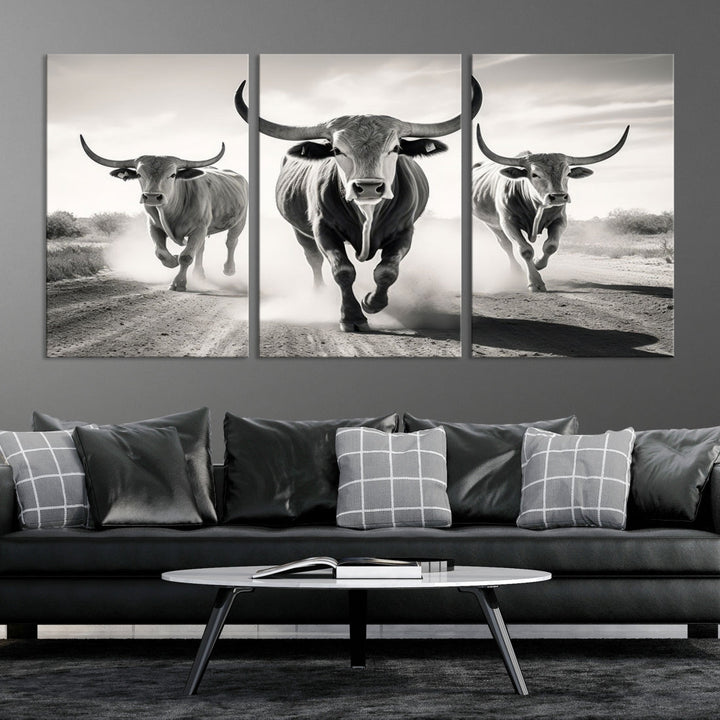 Texas Bighorn Cow Animal Wall Art Canvas Print, Longhorn Cow Large Wall Art