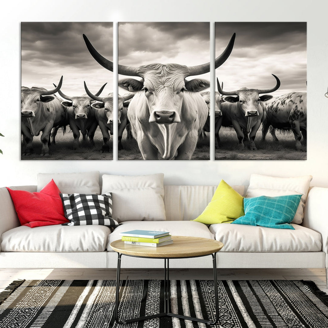 Texas Bighorn Cow Animal Wall Art Canvas Print, Longhorn Cow Large Wall Art