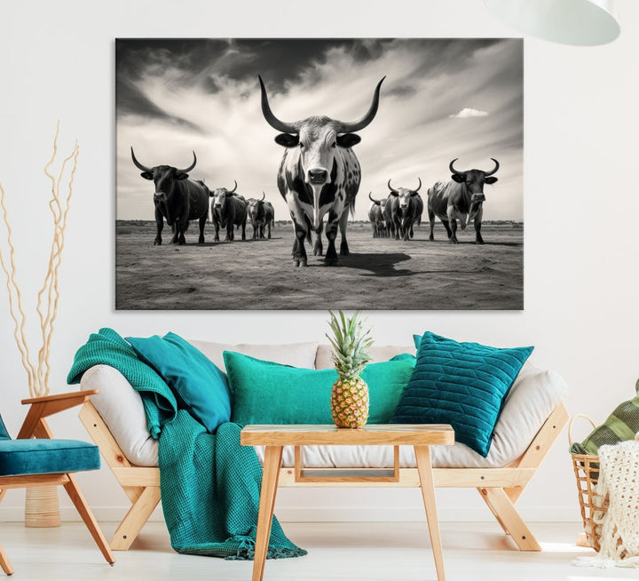 Texas Bighorn Cow Animal Wall Art Canvas Print, Longhorn Cow Large Wall Art