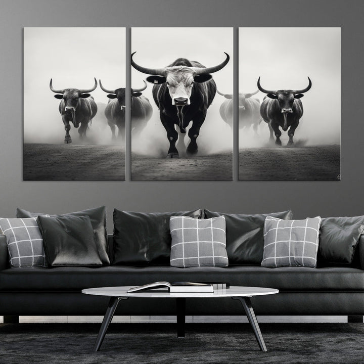 Texas Bighorn Cow Animal Wall Art Canvas Print, Longhorn Cow Large Wall Art