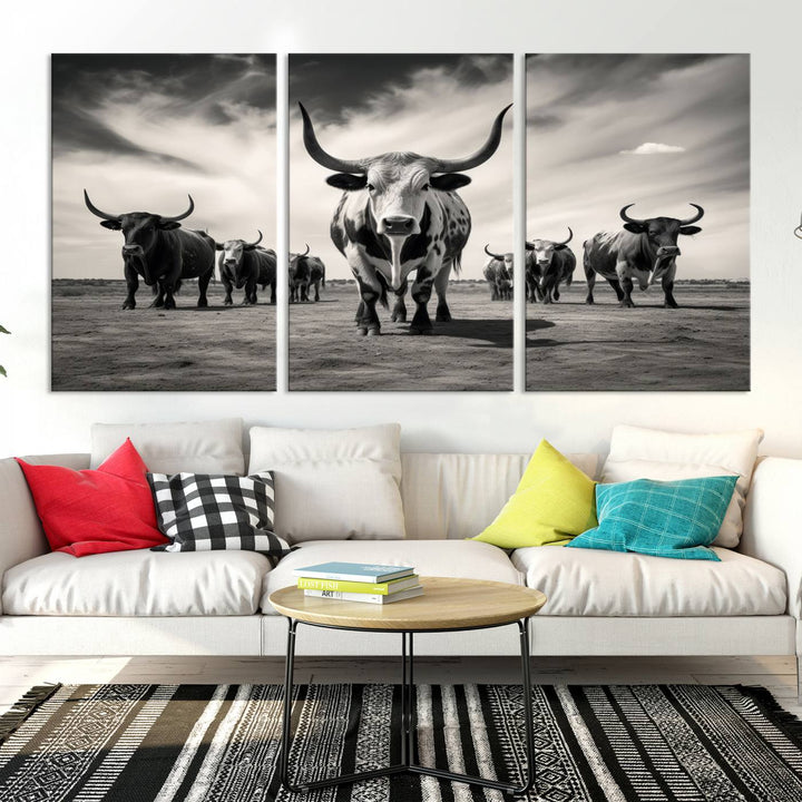 Texas Bighorn Cow Animal Wall Art Canvas Print, Longhorn Cow Large Wall Art