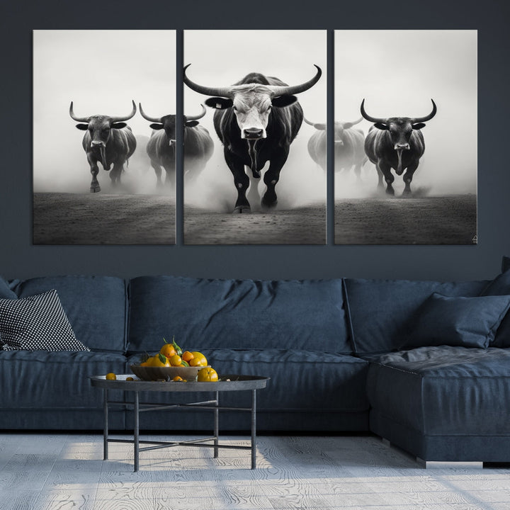 Texas Bighorn Cow Animal Wall Art Canvas Print, Longhorn Cow Large Wall Art