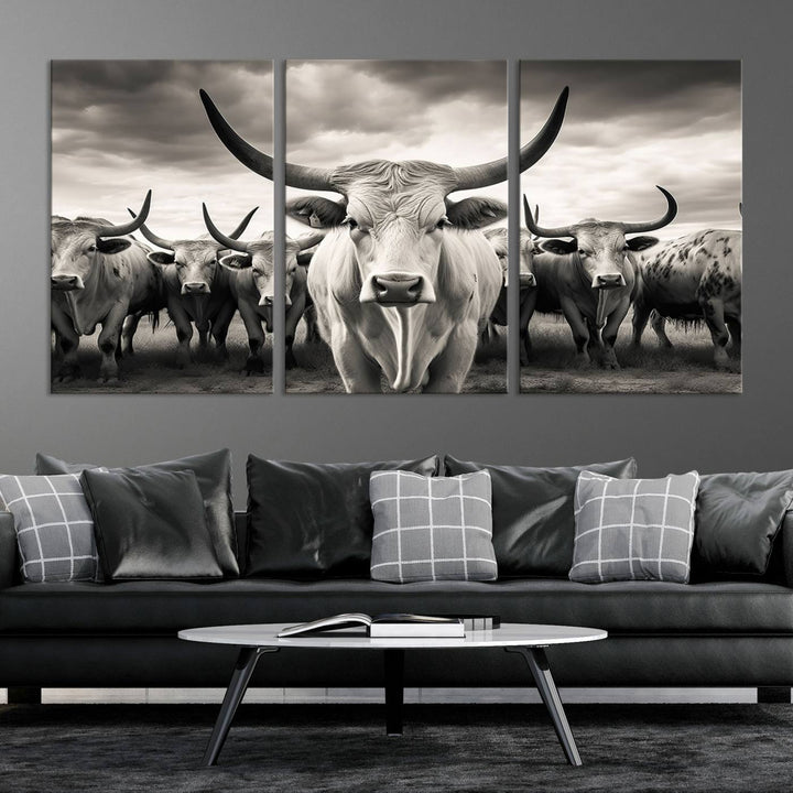 Texas Bighorn Cow Animal Wall Art Canvas Print, Longhorn Cow Large Wall Art