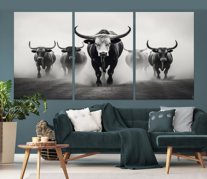 Texas Bighorn Cow Animal Wall Art Canvas Print, Longhorn Cow Large Wall Art