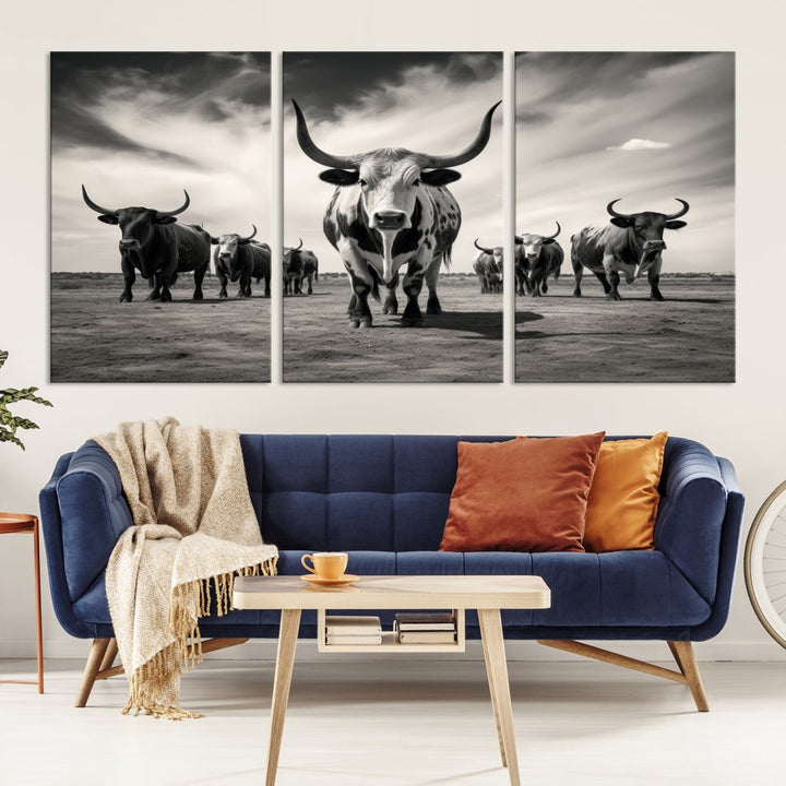 Texas Bighorn Cow Animal Wall Art Canvas Print, Longhorn Cow Large Wall Art