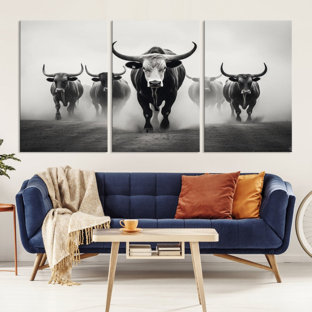 Texas Bighorn Cow Animal Wall Art Canvas Print, Longhorn Cow Large Wall Art