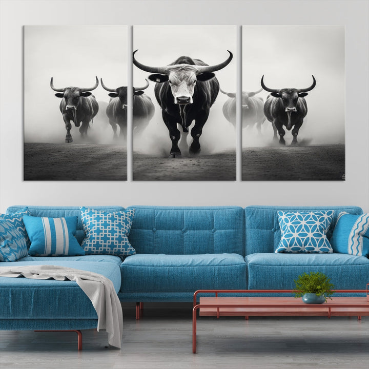 Texas Bighorn Cow Animal Wall Art Canvas Print, Longhorn Cow Large Wall Art