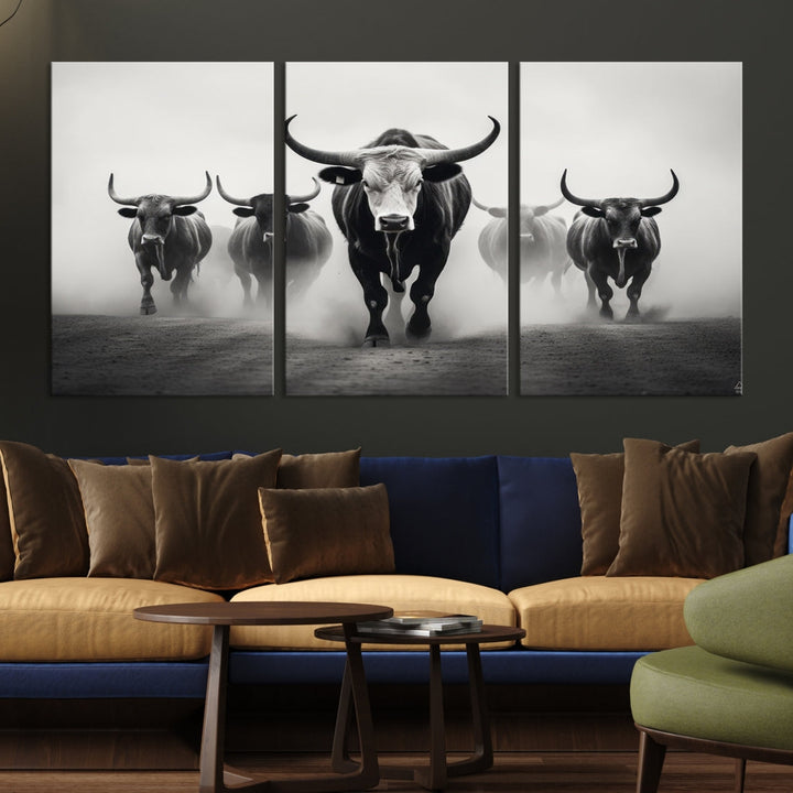 Texas Bighorn Cow Animal Wall Art Canvas Print, Longhorn Cow Large Wall Art