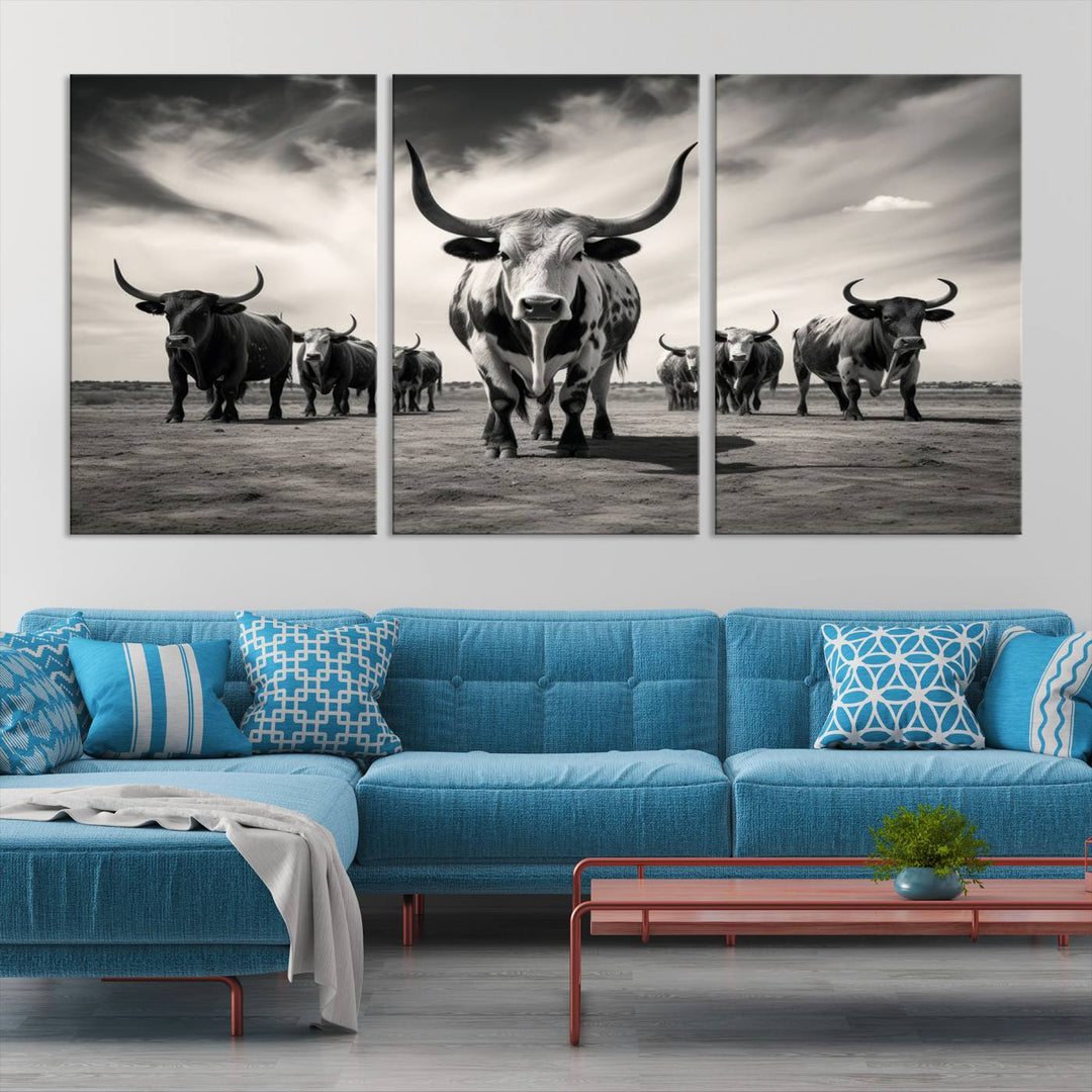 Texas Bighorn Cow Animal Wall Art Canvas Print, Longhorn Cow Large Wall Art