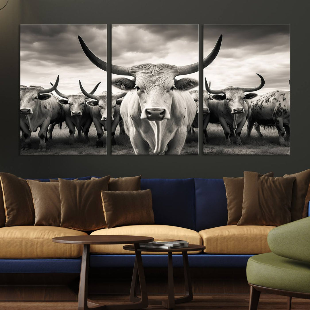 Texas Bighorn Cow Animal Wall Art Canvas Print, Longhorn Cow Large Wall Art