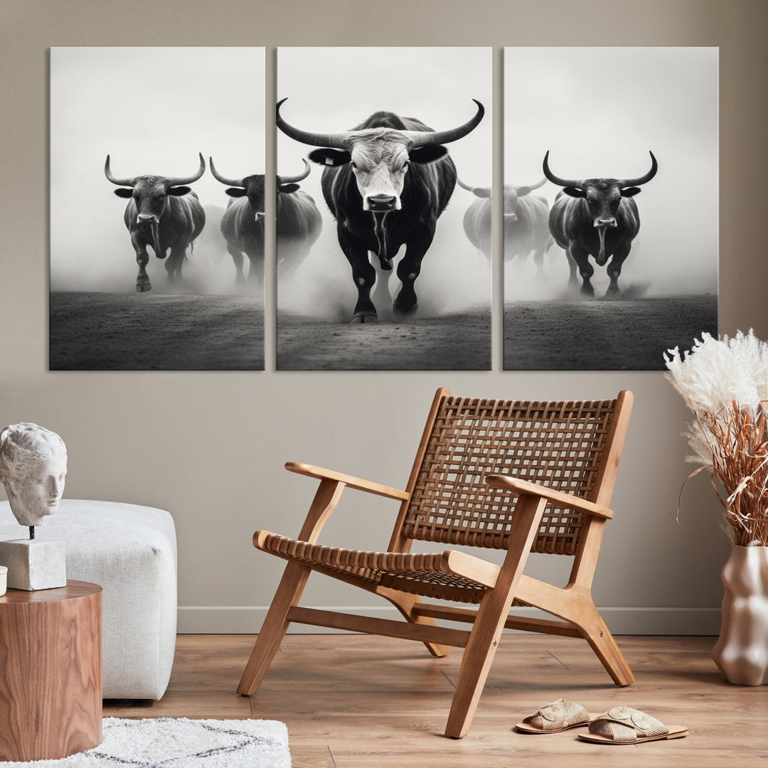 Texas Bighorn Cow Animal Wall Art Canvas Print, Longhorn Cow Large Wall Art