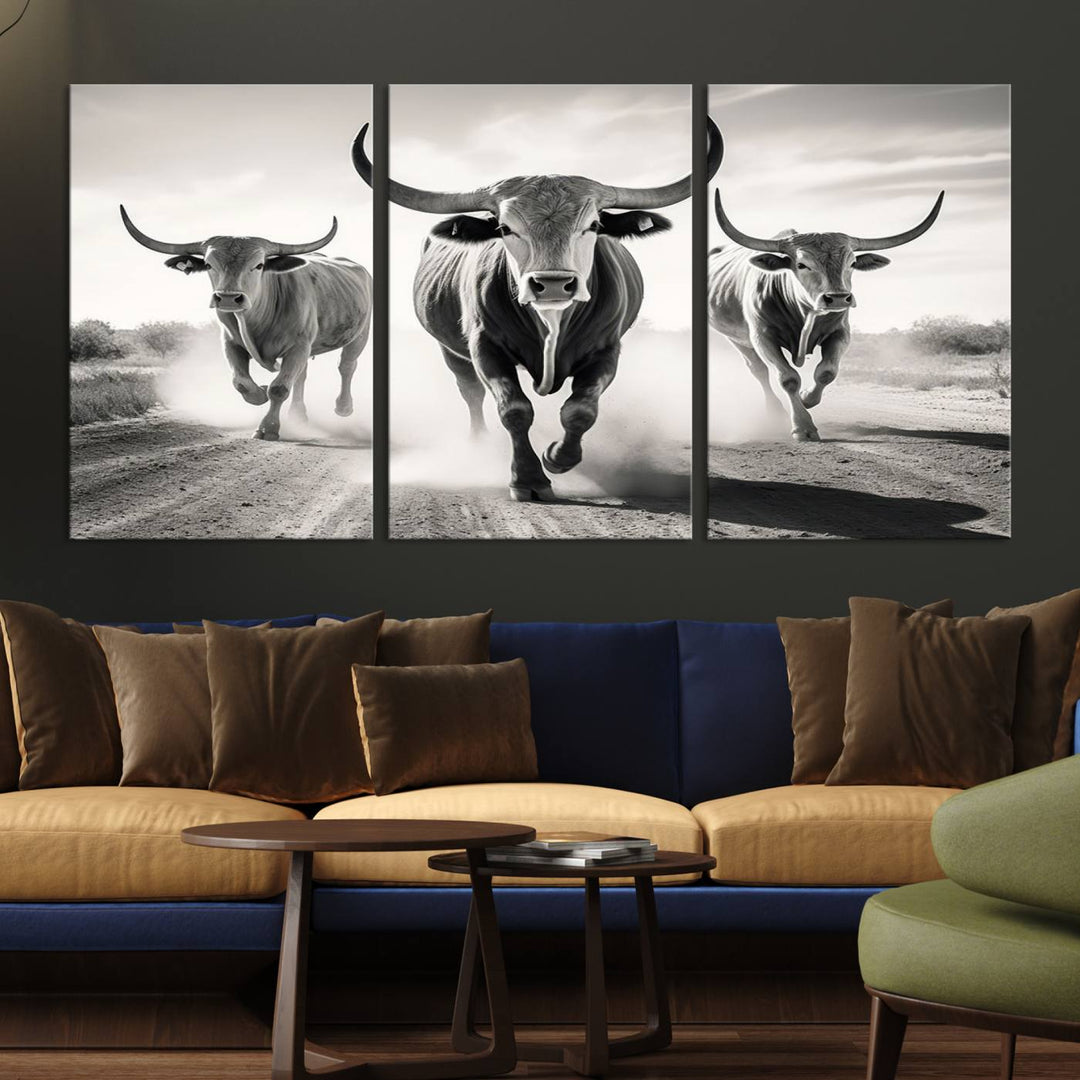 Texas Bighorn Cow Animal Wall Art Canvas Print, Longhorn Cow Large Wall Art