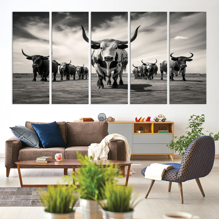 Texas Bighorn Cow Animal Wall Art Canvas Print, Longhorn Cow Large Wall Art