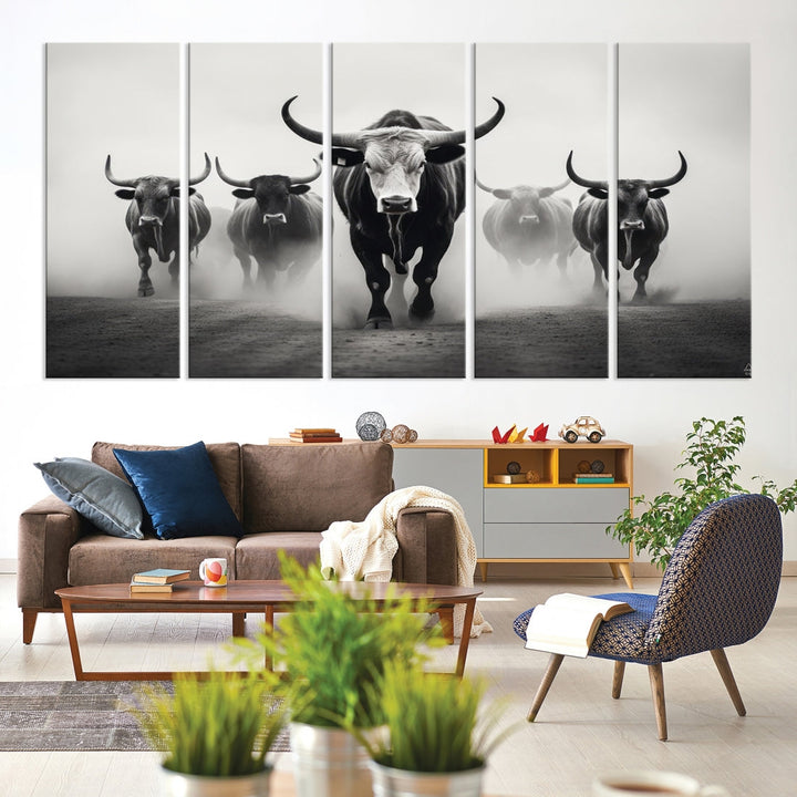 Texas Bighorn Cow Animal Wall Art Canvas Print, Longhorn Cow Large Wall Art