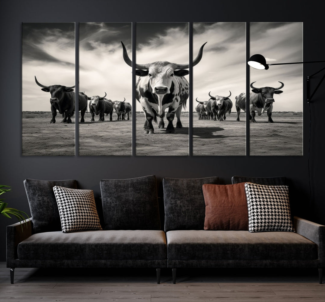 Texas Bighorn Cow Animal Wall Art Canvas Print, Longhorn Cow Large Wall Art