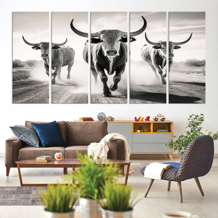 Texas Bighorn Cow Animal Wall Art Canvas Print, Longhorn Cow Large Wall Art