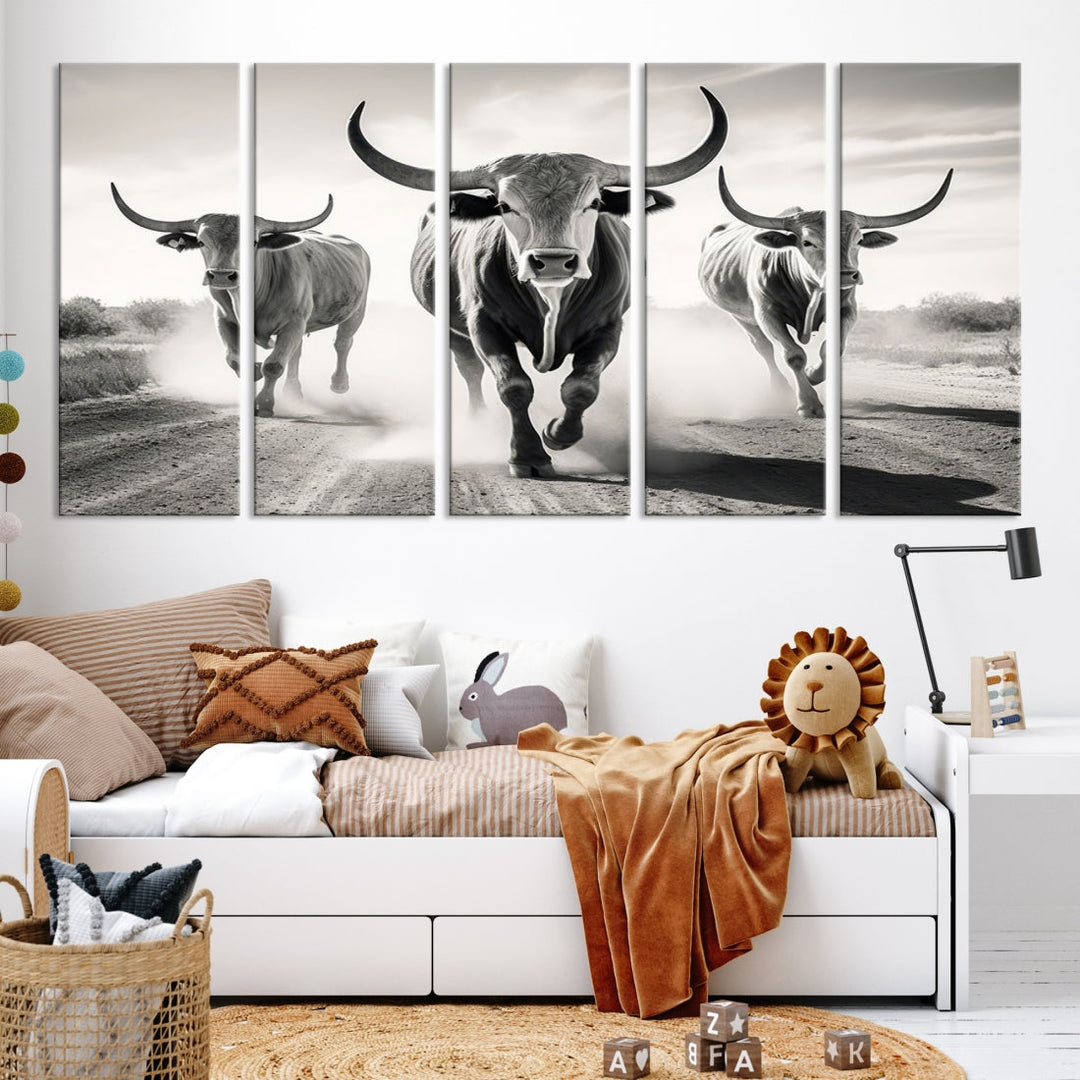 Texas Bighorn Cow Animal Wall Art Canvas Print, Longhorn Cow Large Wall Art