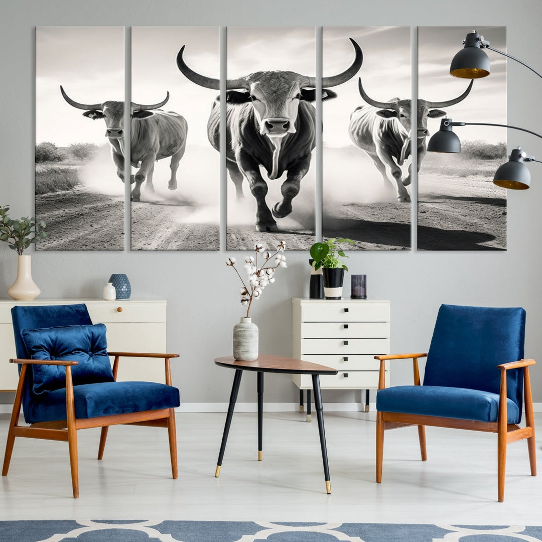 Texas Bighorn Cow Animal Wall Art Canvas Print, Longhorn Cow Large Wall Art