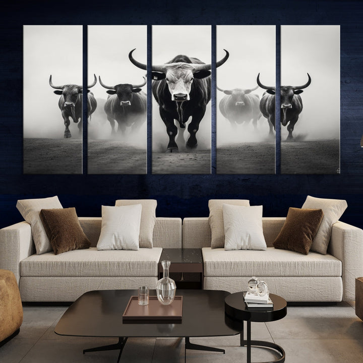 Texas Bighorn Cow Animal Wall Art Canvas Print, Longhorn Cow Large Wall Art