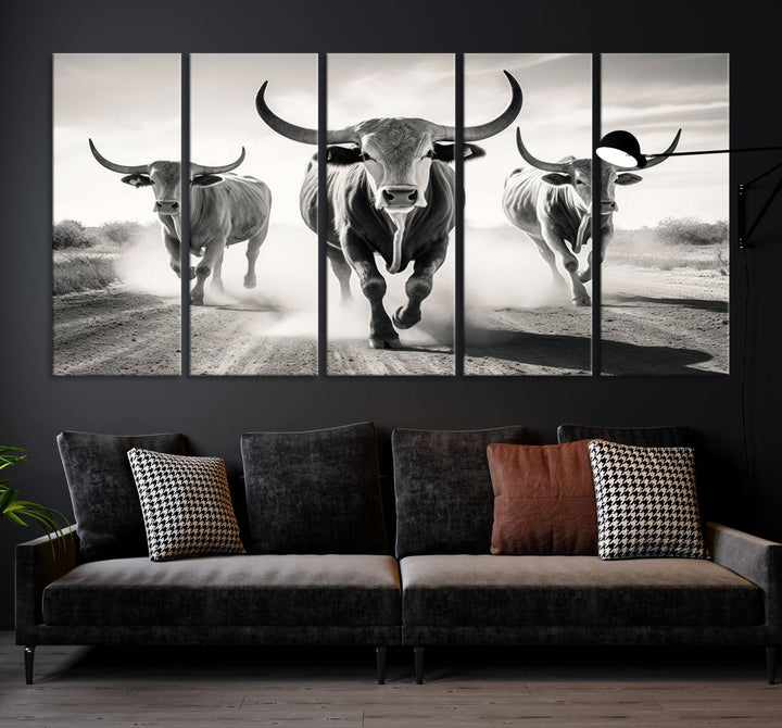 Texas Bighorn Cow Animal Wall Art Canvas Print, Longhorn Cow Large Wall Art