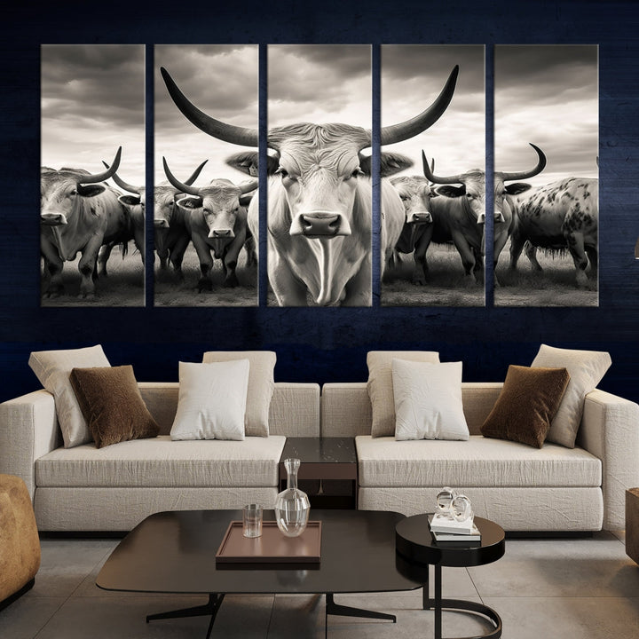 Texas Bighorn Cow Animal Wall Art Canvas Print, Longhorn Cow Large Wall Art