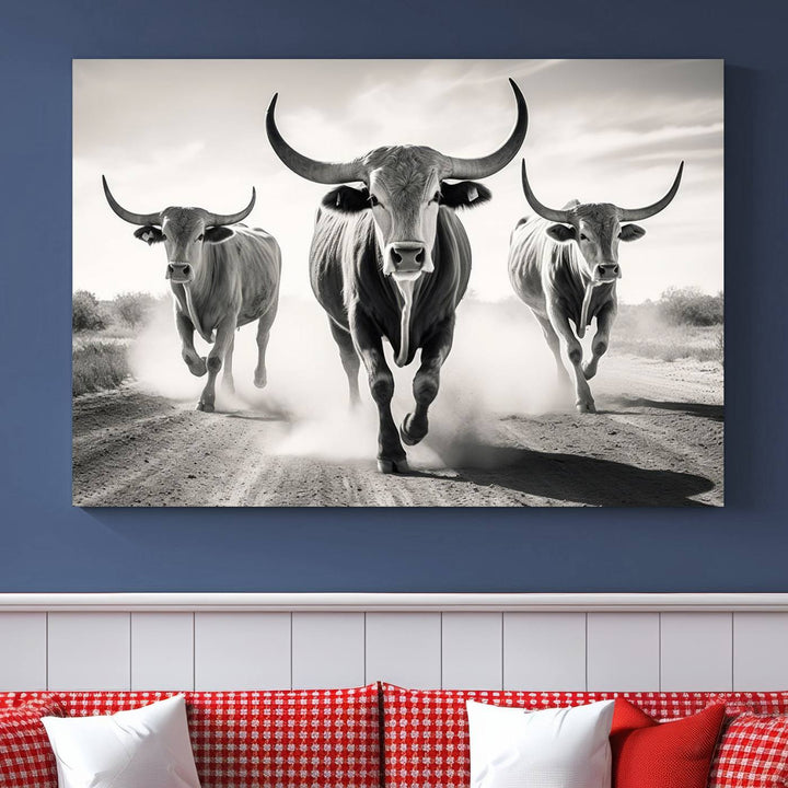 Texas Bighorn Cow Animal Wall Art Canvas Print, Longhorn Cow Large Wall Art