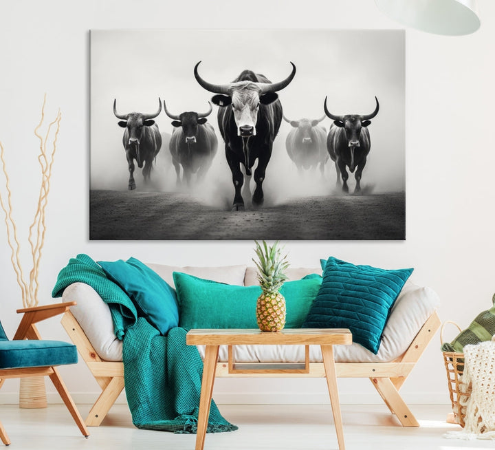 Texas Bighorn Cow Animal Wall Art Canvas Print, Longhorn Cow Large Wall Art