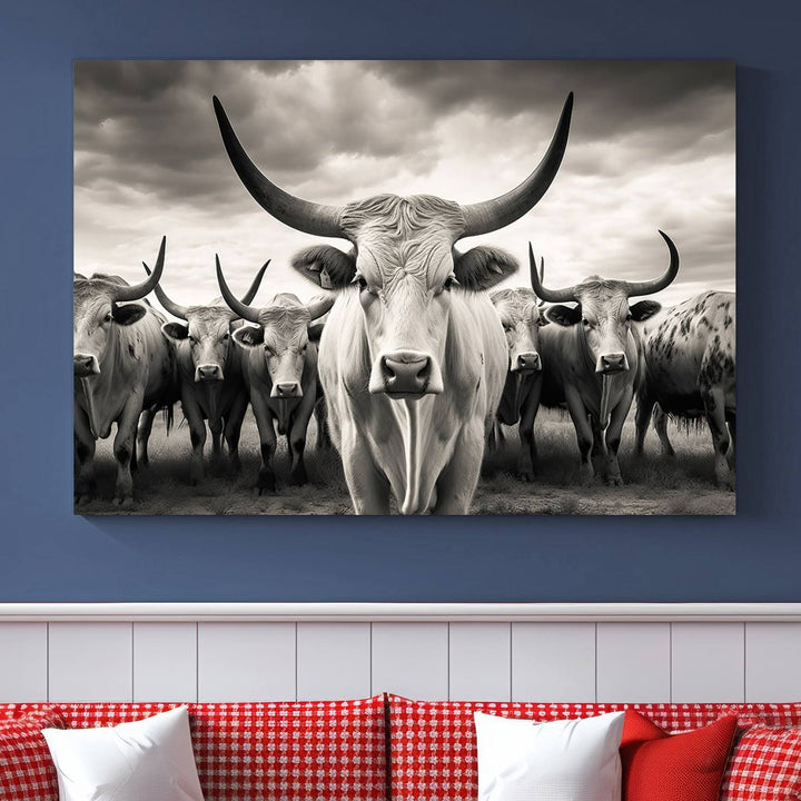 Texas Bighorn Cow Animal Wall Art Canvas Print, Longhorn Cow Large Wall Art