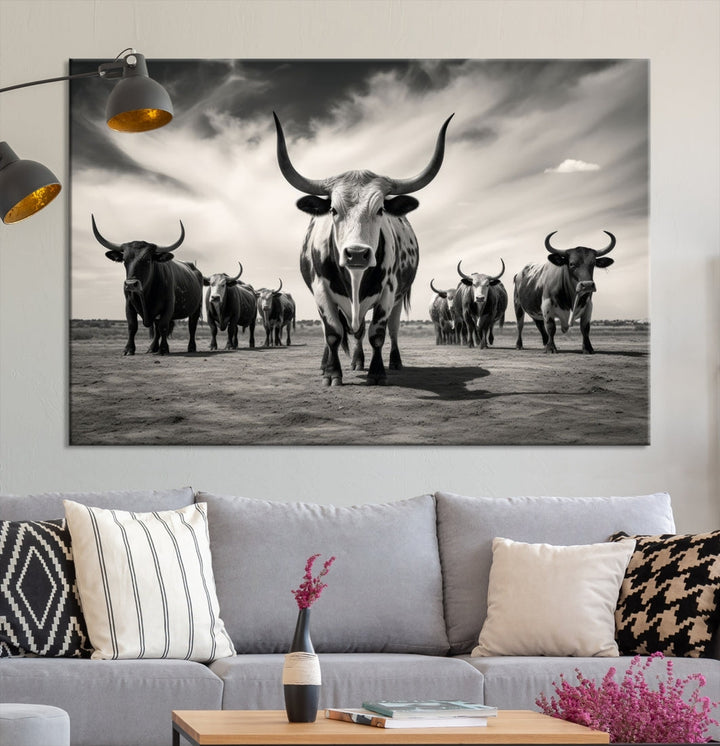 Texas Bighorn Cow Animal Wall Art Canvas Print, Longhorn Cow Large Wall Art